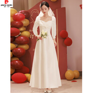 皮爾卡丹登記領(lǐng)證小白裙法式長(cháng)袖婚紗禮服裙平時(shí)可穿宴會(huì )氣質(zhì)連衣裙女秋季 白色 2XL
