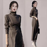 TTPMER秋冬季日系時(shí)尚氣質(zhì)連衣裙女長袖顯瘦修身女裝裙子 黑色 S