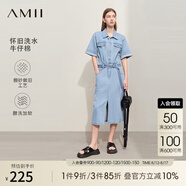 AMII2025夏新款套頭半開(kāi)襟短袖配腰帶前開(kāi)衩長(zhǎng)款牛仔棉連衣裙女 牛仔藍(lán) 160/84A/M
