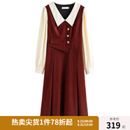 獨束大碼女裝假兩件撞色襯衫領(lǐng)連衣裙女秋冬微胖mm文藝復古穿搭裙子 勃艮第紅【適合160左右】 M