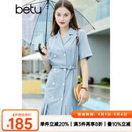 betu百圖女裝西裝領(lǐng)腰帶短袖西裝裙雙排扣百褶下擺連衣裙女jd2104T47 藍(lán)色 M