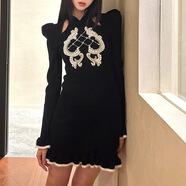 SKYHEART拉菲姆 秋冬宮廷風(fēng)泡泡袖刺繡釘珠修身小黑裙針織連衣裙 黑色 S