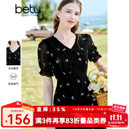 百圖betu女裝夏新款連衣裙短袖雪紡萌兔繡花減齡連衣裙女2303T90 黑色 S