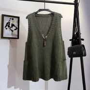 暢印A字版寬松針織毛衣韓版V領(lǐng)大碼無袖口袋春秋款女馬甲外穿背心外搭 墨綠色 -馬甲 3XL 145-155斤