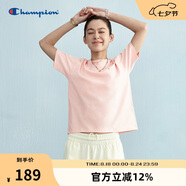 Champion冠軍短袖t恤女25春夏刺繡純棉純色百搭白色正肩t恤 粉色 M