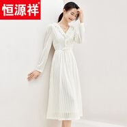恒源祥V領泡泡袖珍珠長袖連衣裙女春季2025新款優(yōu)雅荷葉邊中長款A字裙子 月光白 L