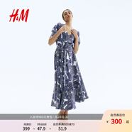 H&M女裝2025秋季新款印花斜紋布短袖泡泡袖V領(lǐng)喇叭形連身裙1297789 白色/藍(lán)色花卉 XS 155/80