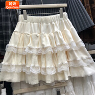 婍妡甜美減齡白色芭蕾風(fēng)半身裙女高腰松緊蓬蓬裙蕾絲蛋糕裙短裙女 杏色 XS