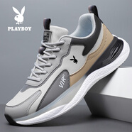 花花公子（PLAYBOY）男鞋透氣網(wǎng)面運動鞋2025新款夏季軟底減震跑步鞋休閑鞋男 H8808卡其-皮面鞋 43