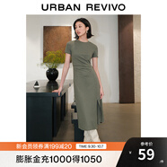 UR夏季新款女裝時(shí)尚褶皺收腰修身圓領(lǐng)短袖連衣裙UWG740021 灰綠 M