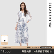 歌力思（ELLASSAY）秋季新款唯美水墨印花v領(lǐng)七分袖連衣裙女EWD353Y10100 藍寫意 M