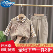 迪士尼（Disney）1歲寶寶衣服男寶寶春秋套裝新款幼兒童裝男童0-3歲男孩馬甲三件套 棕色 菱形毛衣馬甲三件套 春秋 90 建議2歲內(nèi)