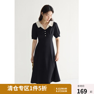 獨束大碼女裝氣質(zhì)通勤撞色短袖連衣裙2024年夏季娃娃領(lǐng)中長款裙子 典雅黑 L (尺碼：2)