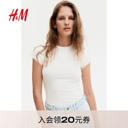 H&M女裝T恤2025秋新款修身蕾絲羅紋修身波嬉風穿搭短袖上衣1259418 奶油色 S 160/88