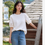 梵希蔓法式圓領(lǐng)短袖T恤女夏季新款繡花鏤空正肩休閑上衣 云朵白 XL