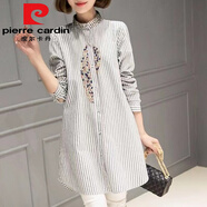 皮爾卡丹（pierre cardin）品牌余單春裝棉麻休閑中長(cháng)款大碼條紋刺繡襯衫女 立領(lǐng)條紋繡花70019 灰白條今年流行的輕奢品牌 M 建議95-105斤