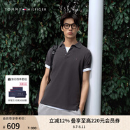 TOMMY HILFIGER【珠地網眼】夏季男透氣舒適鑲邊翻領T恤/純色修身多色短袖POLO 【修身款】石墨深灰P7I M