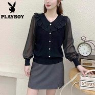 花花公子（PLAYBOY）娃娃領(lǐng)雪紡泡泡袖針織衫女毛衣長(cháng)袖春秋新款百搭時(shí)尚外穿打底上衣 黑色 S 建議75-95斤