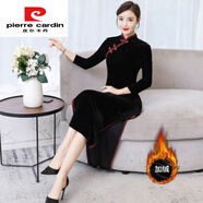 皮爾卡丹中國長(cháng)袖金絲絨復古加絨改良加厚旗袍禮服連衣裙長(cháng)款秋冬媽媽氣質(zhì) 黑色 黑色加絨琵琶扣冬款 加厚 4XL 【135-145斤】衣長(cháng)125