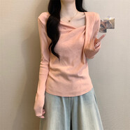 馨悠潔不規則肩針織打底衫女秋冬內搭大朗灰色毛衣搭配miu里小上衣 粉色【今年流行漂亮/毛茸茸/奶呼 S