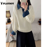 花花公子牛仔袖拼接毛衣女秋冬2025新款寬松POLO領(lǐng)針織衫 米白色 均碼