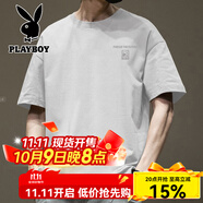 花花公子（PLAYBOY）夏季新款潮牌短袖T恤男寬松百搭純棉體恤半袖上衣 白色純棉短袖-2566 S 建議90-115斤
