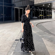 TTPMER2025春夏新款雪紡波點(diǎn)連衣裙女長款高腰顯瘦沙灘裙 6602黑色 M