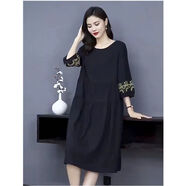 圓領(lǐng)繡花民族風(fēng)連衣裙新款大碼春秋女裝復古拼接寬松顯瘦裙子 黑色 L 建議100-115斤