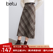 百圖betu女裝冬季新款半身裙直筒復(fù)古格紋百搭顯瘦裙子女2410D04 咖格 M