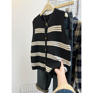 以純（YISHion）黑色條紋針織開(kāi)衫馬甲女春秋寬松坎肩背心疊穿襯衫2025年秋冬新款 黑色  均碼 90-135斤