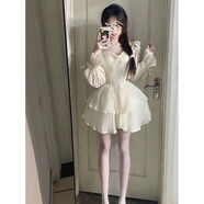 ZIPJBX歐美溫柔風方領杏色連衣裙女法式復古仙女裙蛋糕裙短裙 杏色 S