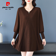 皮爾卡丹（pierre cardin）胖mm大碼高端遮肚顯瘦針織衫打底衫秋冬A版衫毛衣V領(lǐng)套頭裙子 咖色 L 建議體重 100-115
