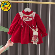 G.DUCKKIDS女童連衣裙秋冬加絨款中國風(fēng)嬰兒童公主裙子周歲禮服女寶寶拜年服 公仔兔紅色 80 建議9-12個月