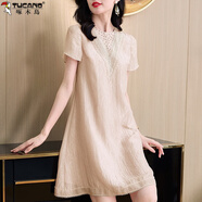 啄木鳥(niǎo)雪紡刺繡連衣裙女夏季2025新款高端精致小個(gè)子微胖遮肚子減齡長(cháng)裙 杏色 M 建議90-105斤