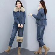 AEMAPE牛仔套裝女加絨加厚2025冬季新款休閑時尚工裝保暖棉衣棉服兩件套 藍(lán)色套裝(加絨) M 80-105斤
