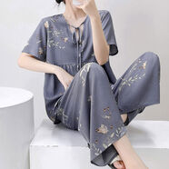 棉絲女式夏季薄短袖褲V領(lǐng)甜寬松大碼流行棉絲家庭服裝套裝 TZ03-2302春天花灰藍 L