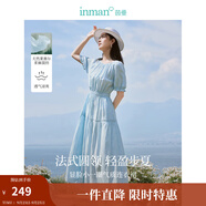 茵曼（INMAN）亞麻提花連衣裙2025夏季女裝新品休閑松緊收腰氣質(zhì)高級感長裙子 淺藍色 XL