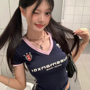 吉馬克（jimake）大碼胖MM顯瘦美式復(fù)古v領(lǐng)t恤正肩短袖球衣設(shè)計(jì)感收腰修身黑色上衣 藏青色V領(lǐng)【優(yōu)質(zhì)版】-品牌臻選品質(zhì) M 【建議90-100斤內(nèi)】