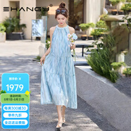 Ehangy輕奢品牌連衣裙女2025夏季新款海邊度假無(wú)袖碎花時(shí)尚背心裙 藍(lán)色 S