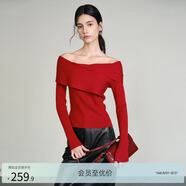 亦谷紅色一字肩上衣針織衫女裝2025春季新款內搭打底衫高級感毛衣 紅色 S