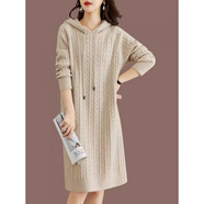 兔嵐毛線(xiàn)連衣裙長(cháng)款連帽毛衣女秋冬裝中針織寬松打底衫秋冬衫 杏色 均碼