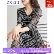 ZXEGI新款高檔100%真絲桑蠶絲連衣裙女高端品牌時尚大氣鏤空刺繡中長裙 黑色 L （111-120斤）