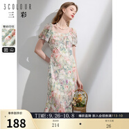 三彩2024春季新款油畫碎花裙法式方領(lǐng)魚尾裙優(yōu)雅長裙氣質(zhì)清新女 豆綠花卉 L 165/88A