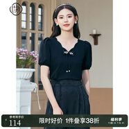 固執（OBSTINATE）夏季新款學(xué)院風(fēng)v領(lǐng)泡泡短袖女裝上衣00032TX08212 黑色 M 165/84A