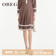 OBEG歐碧倩設(shè)計感時尚印花半裙春及膝減齡百褶裙出游穿搭10463036 沙褐色 XS /155/34