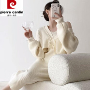 皮爾卡丹（pierre cardin）新中式盤扣民國感毛衣外套女秋冬新款修身包臀針織連衣裙兩件套裝 米白色毛衣套裝(普通版) S