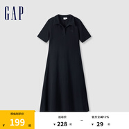 Gap女裝翻領(lǐng)刺繡logo短袖針織連衣裙簡約長裙680487 黑色 165/84A(M) 亞洲尺碼
