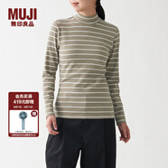 無印良品 MUJI 女式 彈力羅紋編織 半高領(lǐng)長袖T恤 BBM02A1A 打底衫 米白色條紋 M