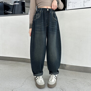 兩輪女童春秋牛仔褲2025新款兒童套裝秋季哈倫褲子女孩大童休閑老爹褲 藍灰色 140
