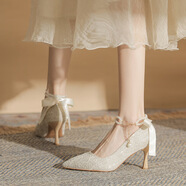 柏歐迪芬奈絲 BORDIFENASI絕美訂婚鞋新娘鞋禾秀婚紗兩穿伴娘結(jié)婚高跟鞋女日常可穿 香檳色 5cm 43